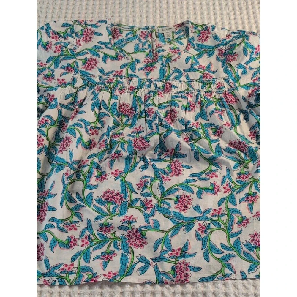 J. Crew 100% Cotton White Floral Puff-Sleeve Blouse Size PM
